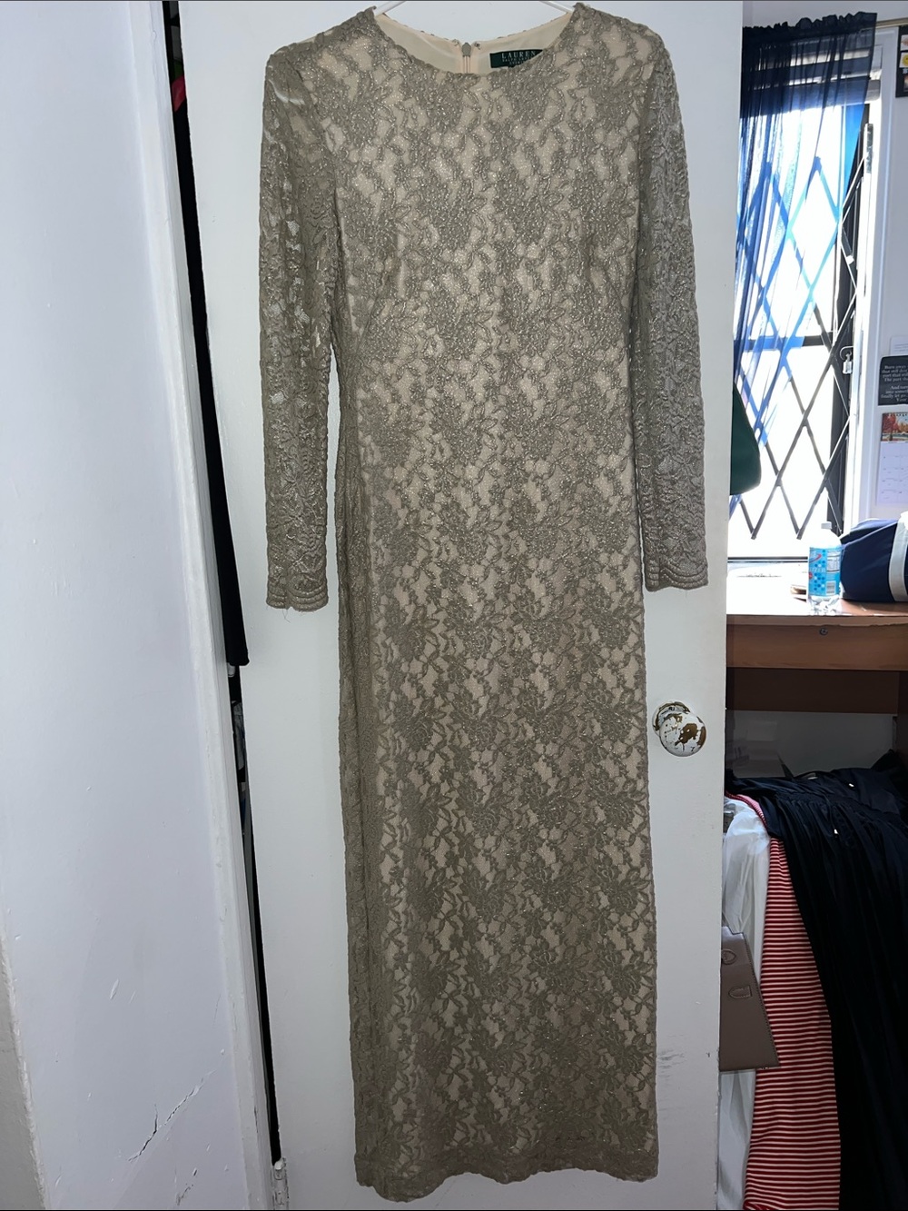 Lauren Ralph Lauren Taupe Lace Maxi Dress with Ivory Lining